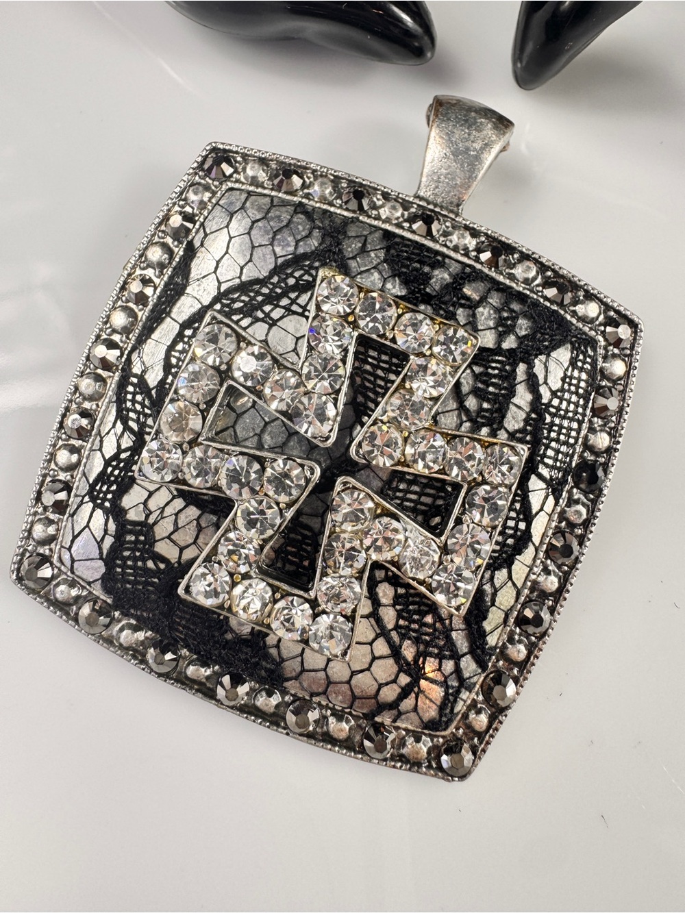 Crystal Embellished Silver-Tone Square Pendant - Black Lace Inlay